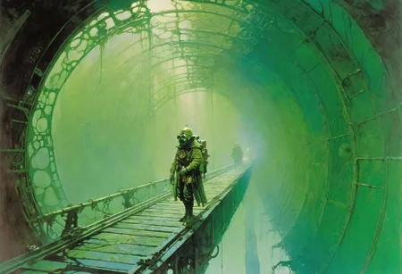 enki bilal, philippe druillet, moebius inspired heavy metal art, A man in a gas mask crosses a bridge, surrounded by death, thick green fog surrounds the man, scary, high detail, 8k, John Berkey Style, <lora:jbs:0.2>