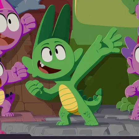 sharp lines:1.5, (best quality), (tail:1.3), correct eyes, detailed eyes, expressive mouth, smooth scales, five fingers, proper hands, detailed character, high quality, sharp lines, solo, (BunderKin dragon:1.5), chibi, Beedee, green scales, yellow underbelly, large expressive eyes, two long ears, small bipedal dragon, happy, energetic, pointy ears, small, tail, cute, cartoonish, 2D, solo focus, high energy, perfect proportions, clean details