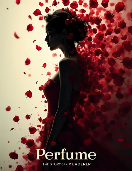 a movie poster, The focal point is the silhouette of a woman with red rose petals flowing from her body, which gradually disintegrate into the air. The petals symbolize sensuality and fragility, adding a haunting, artistic effect to the poster. The woman's profile is elegant yet dark, reflecting the film's themes of beauty, obsession, and murder. The title "Perfume" is displayed prominently at the bottom, with the subtitle "The Story of a Murderer" beneath it. The overall tone of the poster is eerie and mysterious, with a focus on the contrast between beauty and horror.