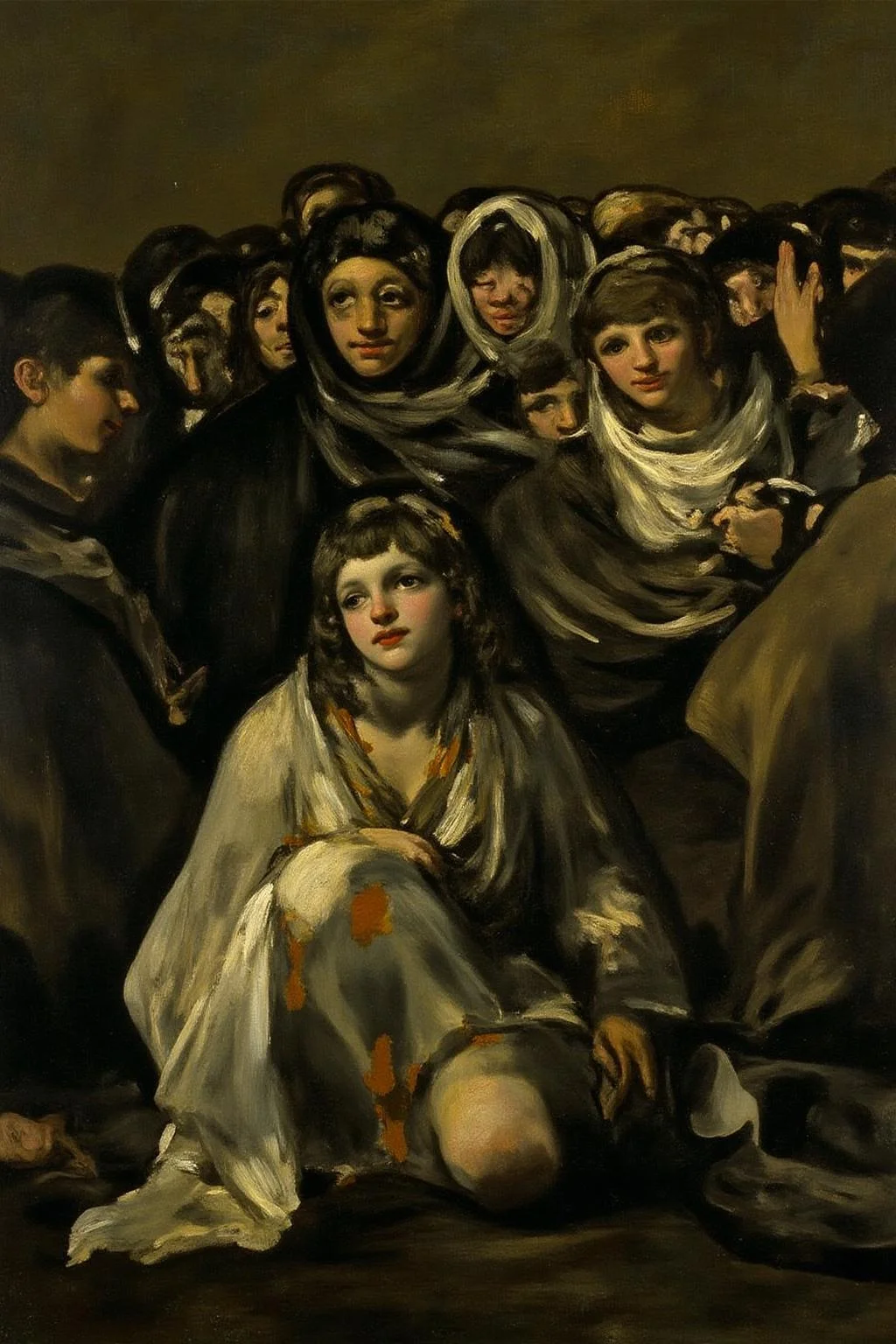 g0ya1 painting of a crowded scene of people in a somber, muted color palette. In the foreground, a woman in a white, tattered dress sits on the ground, looking up at the crowd. <lora:g0ya2_cap_d6a3e12:1.0><lora:823852939010635088:0>
