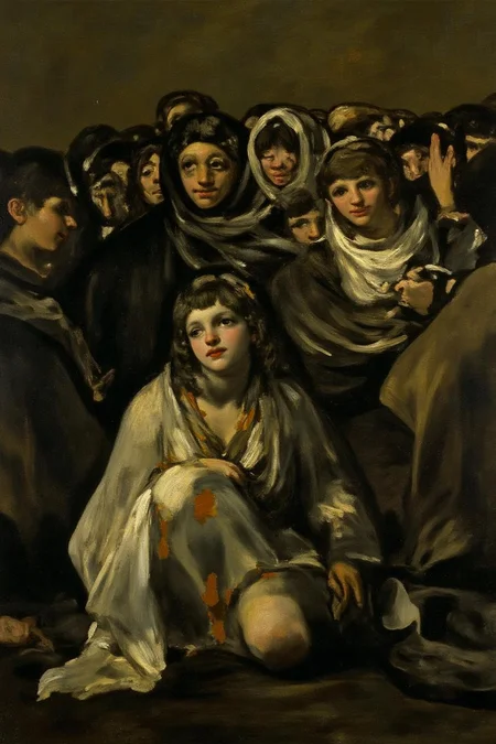 g0ya1 painting of a crowded scene of people in a somber, muted color palette. In the foreground, a woman in a white, tattered dress sits on the ground, looking up at the crowd. <lora:g0ya2_cap_d6a3e12:1.0><lora:823852939010635088:0>
