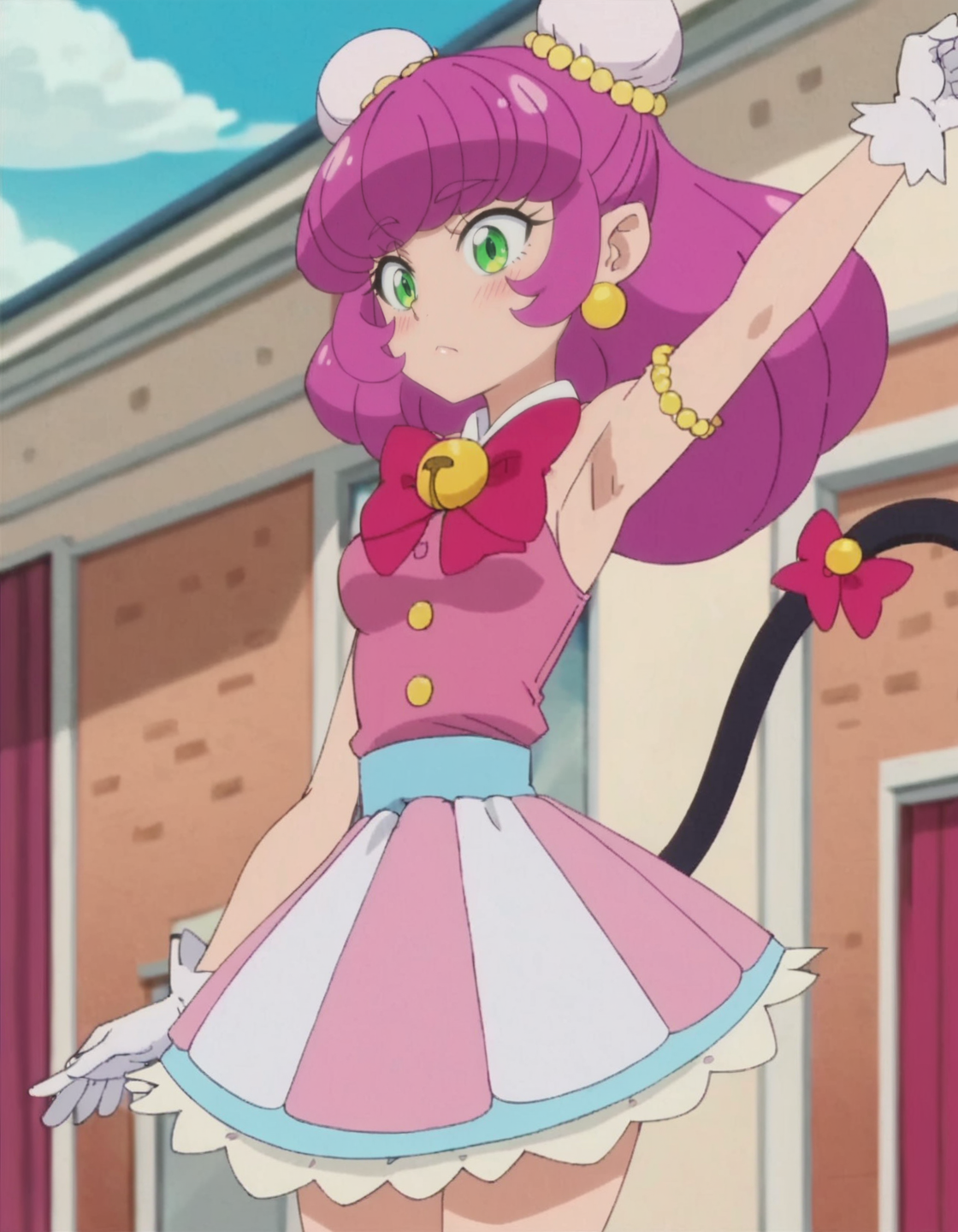 score_9, score_8_up, score_7_up, anime screencap, solo,1girl,mao, white gloves, pink dress, striped skirt,jewelry, earrings, bow,  sleeveless, bun cover, cat tail, tail ornament,cowboy shot,blush,armpit focus,medium breasts<lora:mao:0.8>