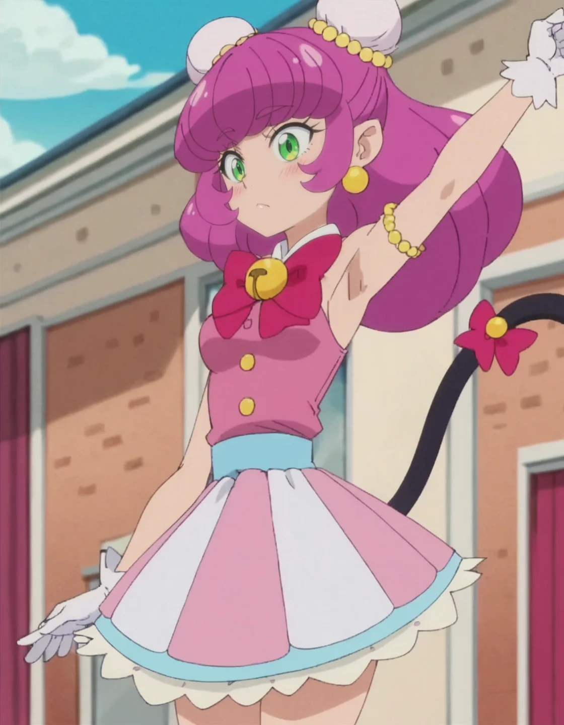 score_9, score_8_up, score_7_up, anime screencap, solo,1girl,mao, white gloves, pink dress, striped skirt,jewelry, earrings, bow, sleeveless, bun cover, cat tail, tail ornament,cowboy shot,blush,armpit focus,medium breasts<lora:mao:0.8>