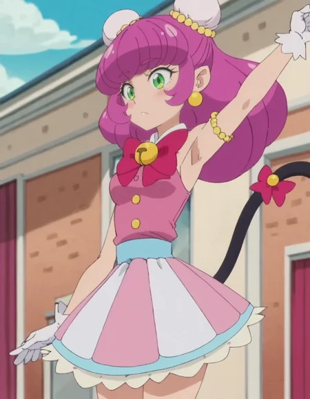 score_9, score_8_up, score_7_up, anime screencap, solo,1girl,mao, white gloves, pink dress, striped skirt,jewelry, earrings, bow, sleeveless, bun cover, cat tail, tail ornament,cowboy shot,blush,armpit focus,medium breasts<lora:mao:0.8>