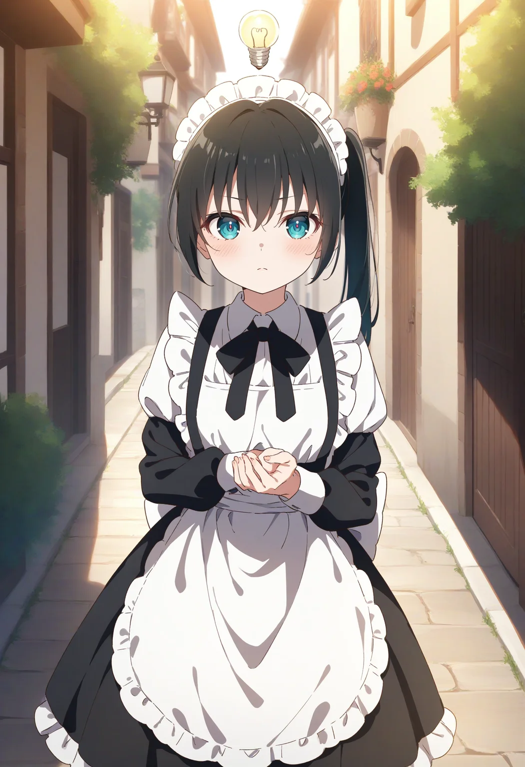 1girl,sincos, ningen mame, toosaka asagi,solo,medium breasts,20yo,maid,maid headdress,
Idea Light Bulb,<lora:Idealightbulb_XL_v1:0.8>
black hair, aqua eyes,expressionless, in romanesque architecture streets, closed mouth, french hair,,
best quality, very aesthetic, absurdres