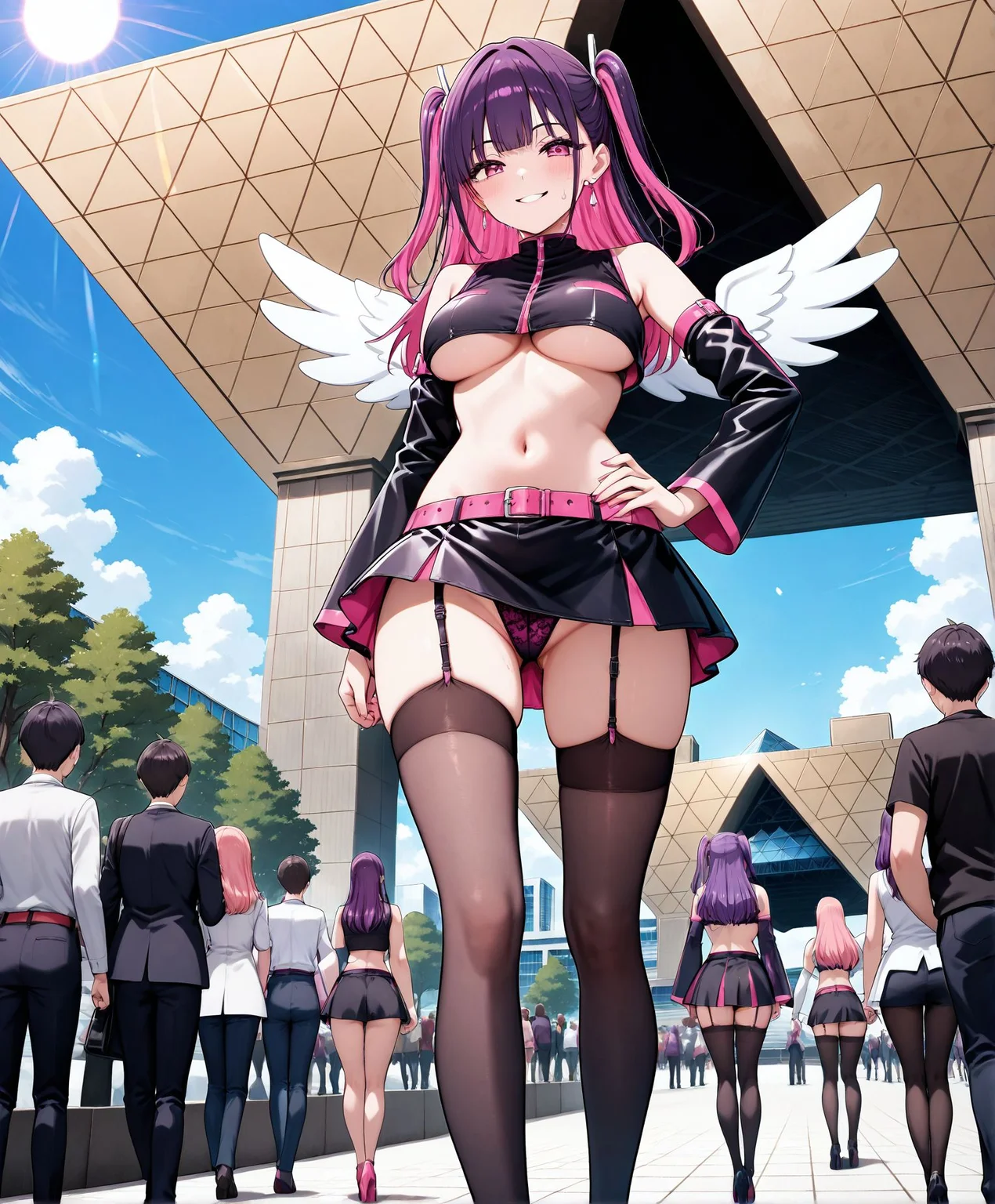 masterpiece,best quality,amazing quality,very aesthetic,absurdres,newest, huge filesize,
<lora:spo_sdxl_10ep_4k-data_lora_webui:0.5>,
1girl, standing, outdoors, hand on own hip,
tokyo big sight, sunlight in background, tree,cosplay show, comiket 102, from below, Confident, Sexy,Many people walking and crowded,otaku male,multiple cosplay girls,
sun,blue sky, summer.hot,sweat, sweatdrop, seductive smile,walking people,
<lora:mikarinil:0.9>
pink high heels, two side up, small white wing,Horizontal purple stripes on top, miniskirt, lace thong, panties shot,
mikarin, long hair, breasts, bangs, jewelry, medium breasts, (pink hair and purple hair female, multicolored hair female:1.4), earrings,
detached sleeves, wings, sleeveless, midriff, belt, black thighhighs, miniskirt, black skirt , pink eyes ,black footwear,crop top ,black shirt sleeveless shirt ,underboob, garter straps , pink belt, skirt, shirt, thighhighs, navel, bare shoulders,