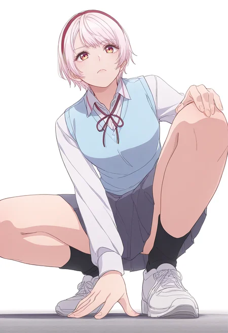 Smooth Quality,masterpiece,beautiful aesthetic, very intricate, high quality details, ultra realistic, high detailed skin,
simple background, white background,
frown,from below,crouching, one hand on ground, other on knee, intense gaze, balanced stance, ,
skirt,,vest,
<lora:Natsukawa_Renacnn:0.8> rena/cnn, 1girl, short hair,