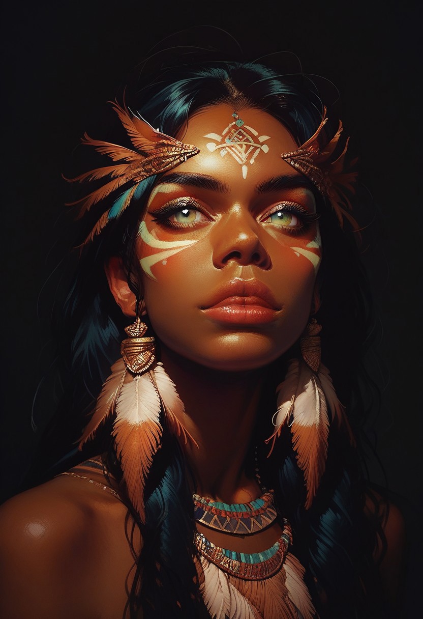 score_9, score_8_up, score_7_up, masterpiece, best quality, 1girl, rating_safe, black_skin, (portrait), yellow tribal painting on face, Peacock, feathers in the hair, long hair, neutral expression,