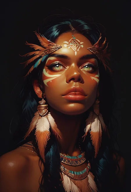 score_9, score_8_up, score_7_up, masterpiece, best quality, 1girl, rating_safe, black_skin, (portrait), yellow tribal painting on face, Peacock, feathers in the hair, long hair, neutral expression,