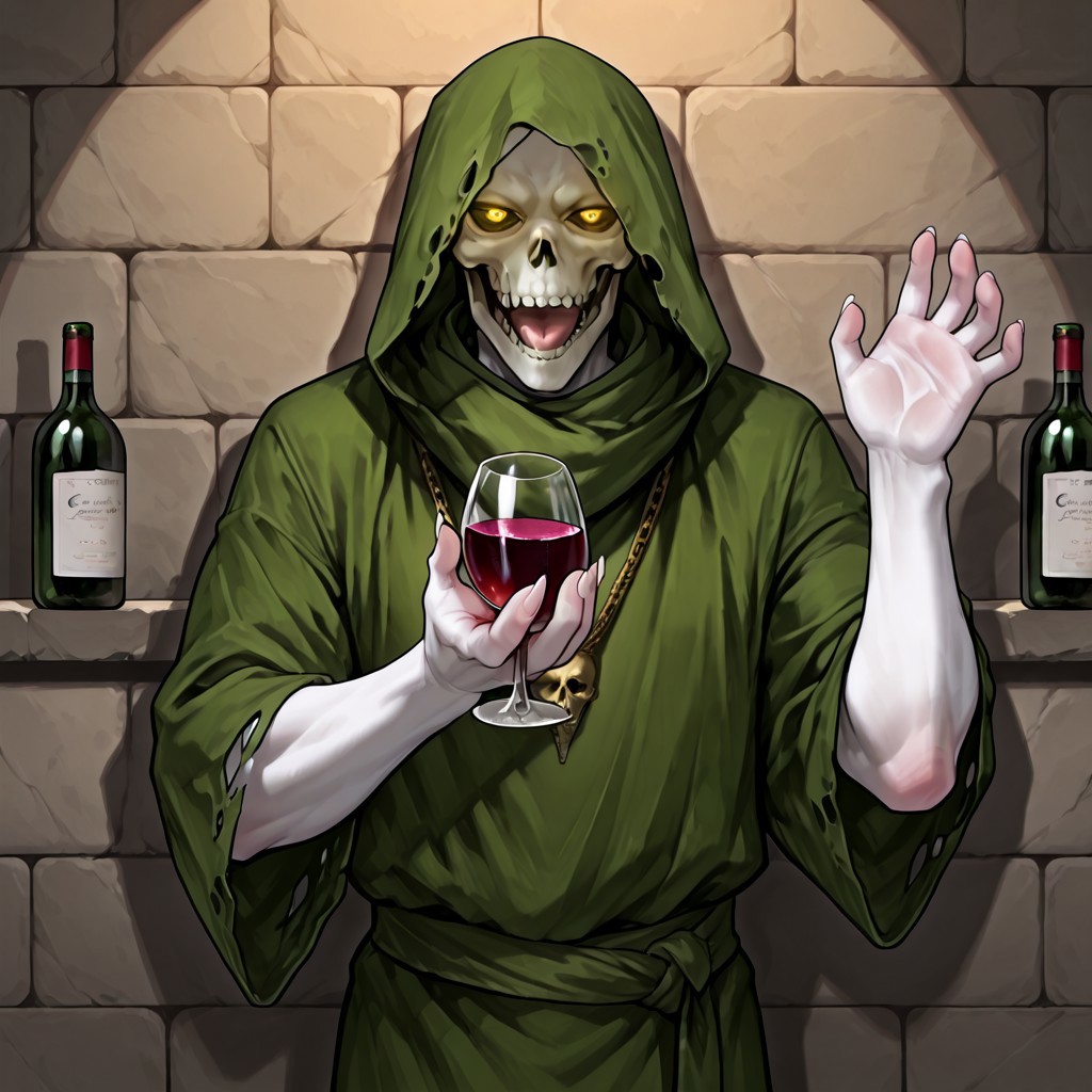 score_9,score_8,score_7,source_furry,
(masterpiece, best quality, high quality:1.2), detailed hands,character focus, detailed skins, body blush, cinematic shadow, character focus, ultra detailed background, 
 <solo:1.5>, <1boy:1.5>,
(anime:3.5), (upper body focus:1.5),
detailed skull, detailed face, detailed teeth,
polewiz, male focus, white skin, skull, bald, teeth, tongue, green hood, green cloak, green robes, torn robes, Olive color kanzugi, short kanzugi, green skirt, glowing eyes, yellow eyes, deep eyes hole, long fingernails, gaunt, bony, barefoot, (detailed toes:1.8), adult,
dungeon background, block wall,
(hand having wine bottle:1.5),(drinking wine bottle:1.5),