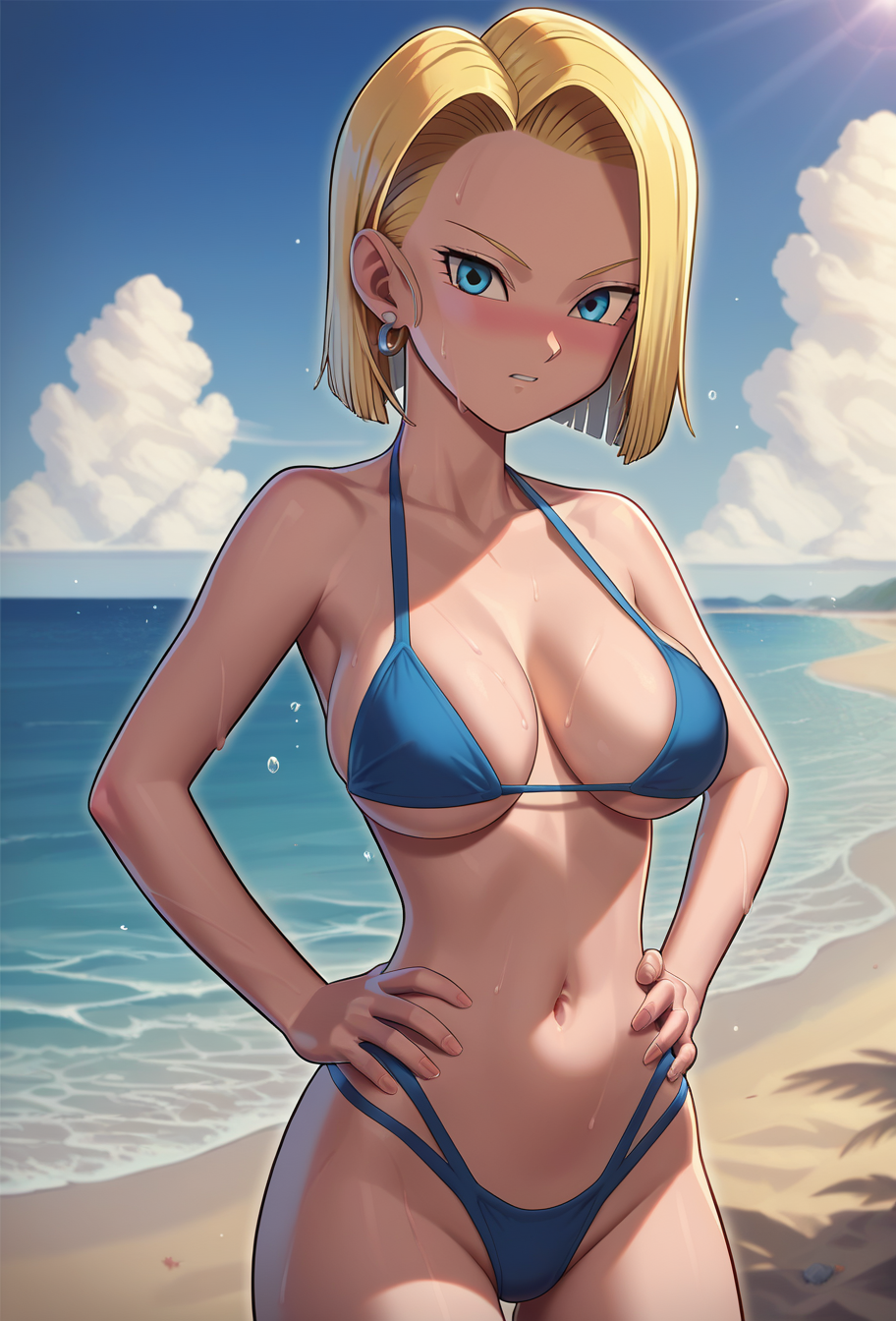 score_9, score_8_up, score_7, 2d, source_anime, BREAK, upperbody, 1girl, hands on hips, outdoors, beach, sweat droplets, blue skies, Android 17, Dragon Ball Z, medium blonde hair, blunt ends, blue eyes, large breasts, thicc, black mini-bikini, thong, slight blush, looking at viewer, parted lips, warm lighting, 
