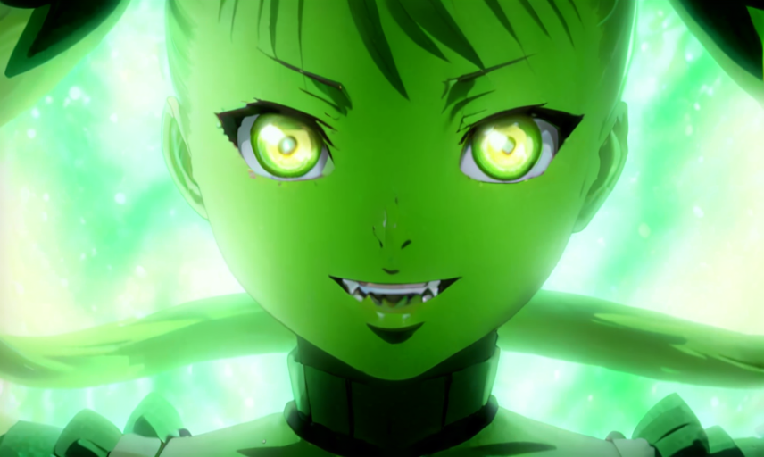Mina Tepes,1girl,solo,looking at viewer,smile,open mouth,twintails,yellow eyes,glowing,portrait,glowing eyes,close-up,green style atmoshphere,  <lora:MinaTepesXL:1>