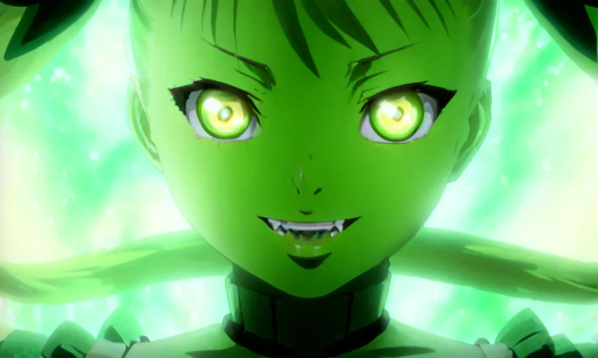 Mina Tepes,1girl,solo,looking at viewer,smile,open mouth,twintails,yellow eyes,glowing,portrait,glowing eyes,close-up,green style atmoshphere, <lora:MinaTepesXL:1>