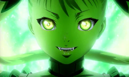 Mina Tepes,1girl,solo,looking at viewer,smile,open mouth,twintails,yellow eyes,glowing,portrait,glowing eyes,close-up,green style atmoshphere,  <lora:MinaTepesXL:1>