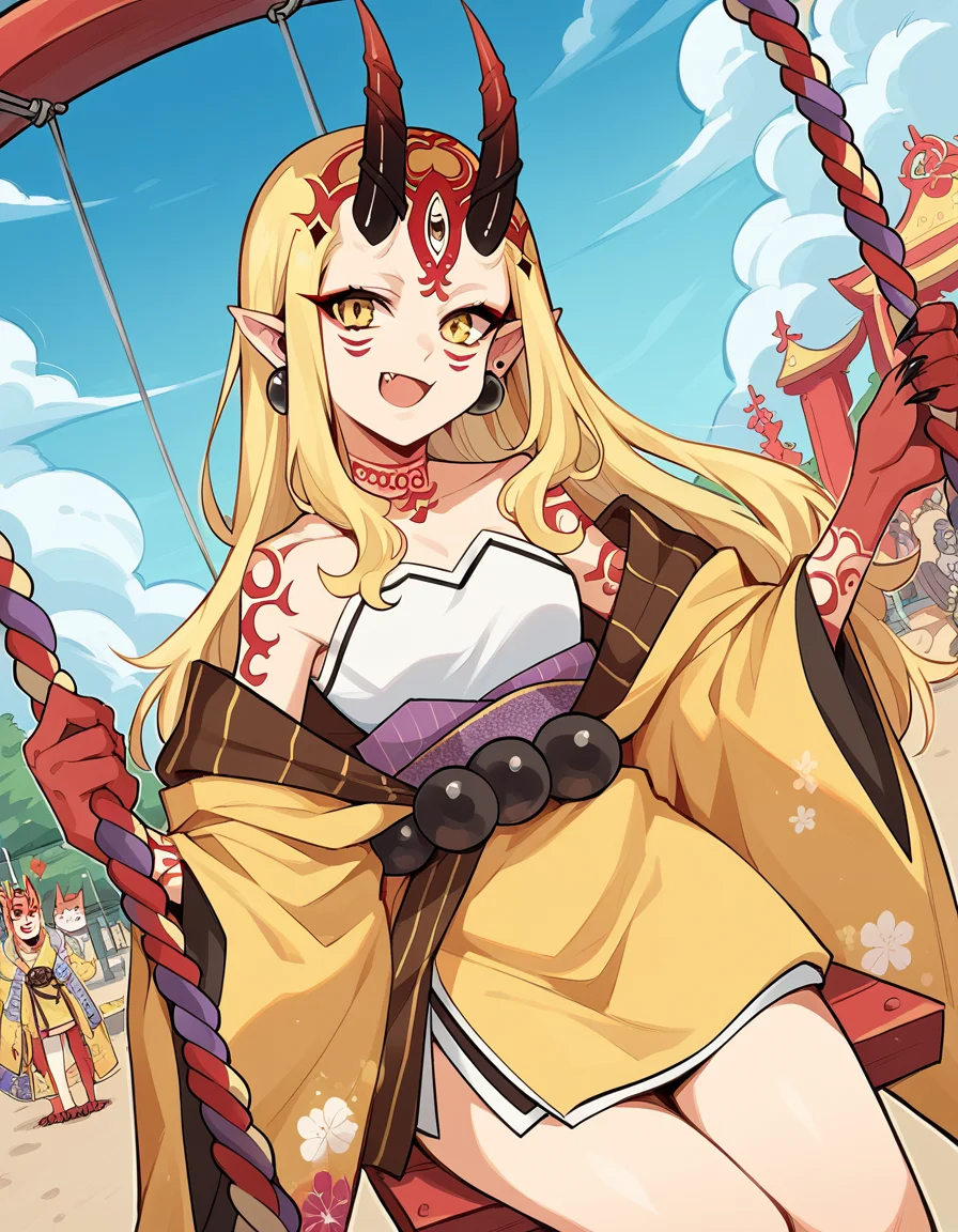 score_9, score_8_up, score_7_up, source_anime, <lora:fgo-ibaraki-douji-ponyxl-lora-nochekaiser:1>, ibaraki douji, blonde hair, facial mark, fang, forehead, horns, long hair, oni, oni horns, pointy ears, yellow eyes,, earrings, japanese clothes, jewelry, kimono, leg tattoo, neck tattoo, oni, oni horns, shoulder tattoo, tattoo, yellow kimono,, public park, playground, swing set, laughter, sunny day, smile, , hand behind back, elbow bent, solo,, cowboy shot, dutch angle