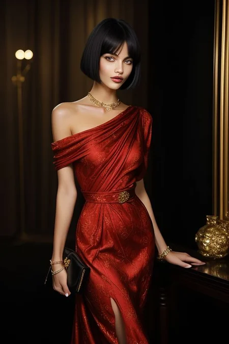masterpiece,best quality,ultra_detailed, bellissima, 1girl , smile, versace style, haircut style long bob, evening dress, silk stockings, high heels, shoulder bag, by Ellen von Unwerth