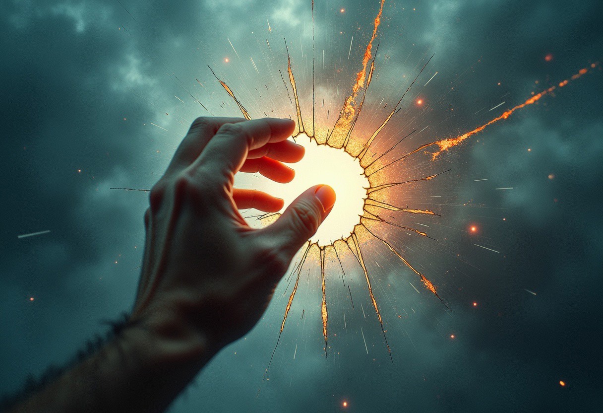 First-person view professional photo of a human hand reaching out and scratching through the fabric of reality, revealing another dimension. The hand appears strained as it claws at an invisible barrier, with fingers digging into the air, creating cracks and distortions. Through the scratches, a glimpse of the otherworldly dimension is visible, with swirling colors, abstract shapes, and unfamiliar energy flowing behind the tear. The edges of the tear glow faintly, as if the two dimensions are struggling to remain separate, while the foreground retains the normal, earthly environment