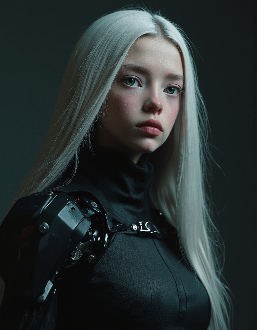 masterpiece, high quality,a close up portrait, pale-skinned elven princess stands regally in a sleek, glossy black mechanized suit. The suit has articulated joints and subtle neon accents, contrasting beautifully with her ethereal features - high cheekbones, small pointed ears, almost ethereal white skin, vibrant blue eyes, and long silvery hair. In her armored hands, creating a whimsical juxtaposition between the hard sci-fi aesthetic of the mech suit and the soft. The image has a shallow depth of field. Masterpiece, intricate lines, skinny and petite body, intriguing atmosphere, sharp magnificent details, delicate features, elaborate details, (2/3 rule composition:0.5), ultra detailed, romantic, Rembrandt lighting, brush stroke, lovely, del1cate_balance style, in the style of Rembrandt. vantablack <lora:style_of_Rembrandt_FLUX_135:.8> <lora:- Flux1 - vanta_black_V2.0:.8> <lora:Delicate_Balance:.3> <lora:neeeg_f1:-1> <lora:SCI_FACTOR_COREV2:.9>