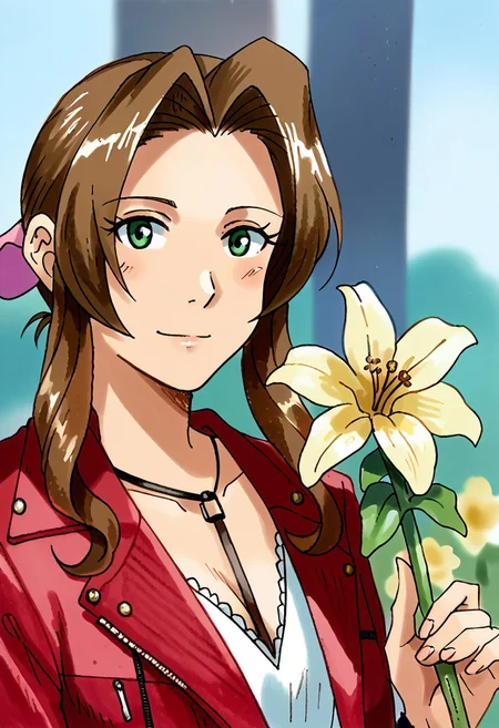 Bpb1,traditional media,semirealistic sketch,2d,Score_9, score_8_up, score_7_up, score_6_up ,aer1th, 1girl, solo, brown hair, flower, green eyes, looking at viewer, holding, holding flower, red jacket, long hair, jacket, portrait, blurry background
