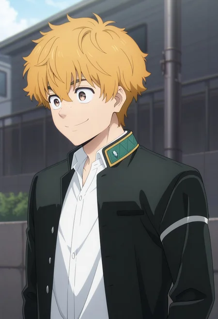masterpiece,best quality,amazing quality, source_anime,
AkihikoNirei, 1boy, male focus, solo, brown eyes, blonde hair, freckles, school uniform, jacket, black jacket, open jacket, shirt, white shirt, collared shirt, smile, outdoor,