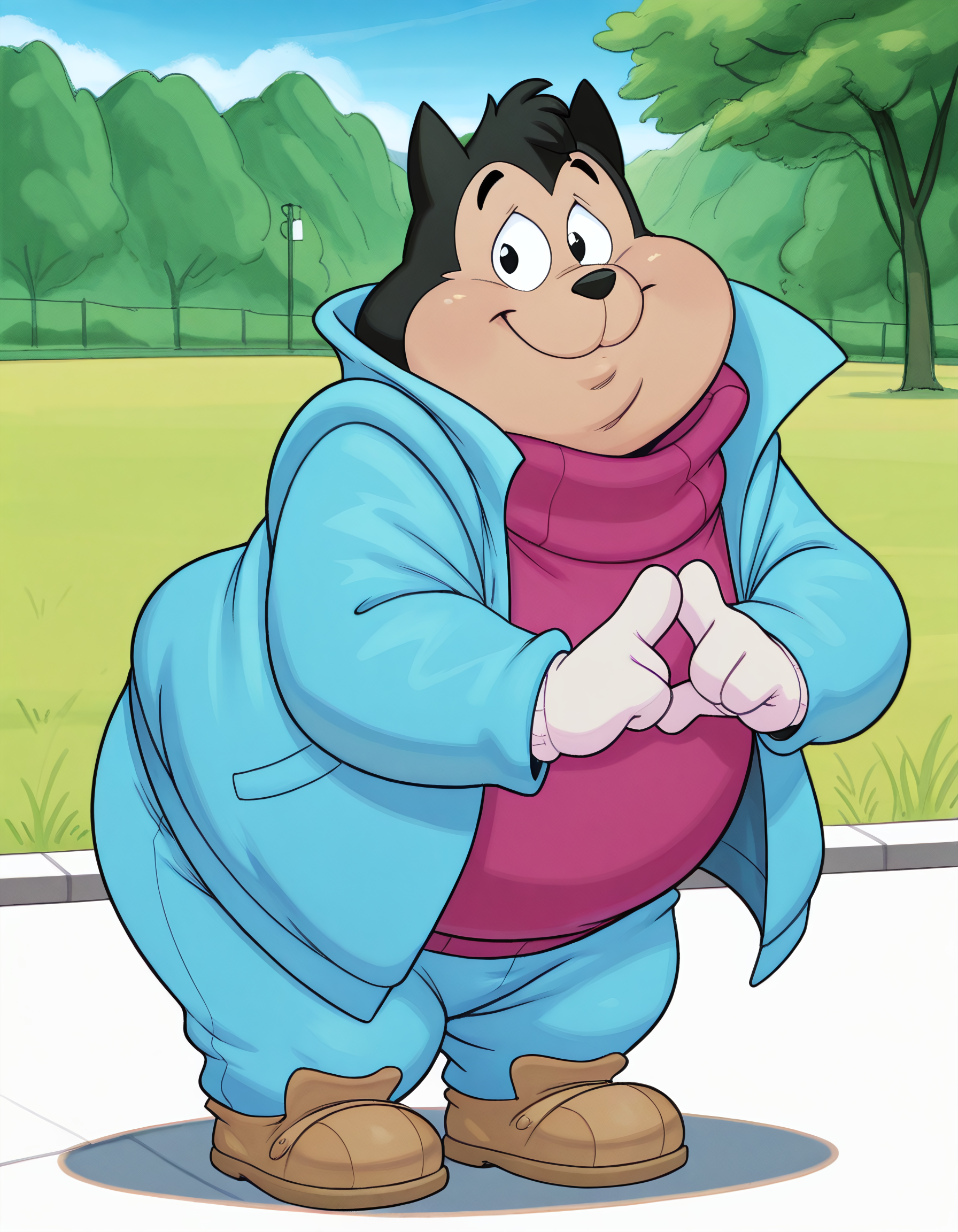 masterpiece, best quality, detailed, dynamic, expressive, solo, pj-gt, male, anthro, male, feline, chubby cheeks, overweight, chubby, fat, plump, obese, black body, black fur, black eyes, young, blue jacket, pink sweater, white gloves, blue pants, brown shoes, standing, smiling, happy, looking at viewer, outdoors