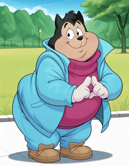 masterpiece, best quality, detailed, dynamic, expressive, solo, pj-gt, male, anthro, male, feline, chubby cheeks, overweight, chubby, fat, plump, obese, black body, black fur, black eyes, young, blue jacket, pink sweater, white gloves, blue pants, brown shoes, standing, smiling, happy, looking at viewer, outdoors