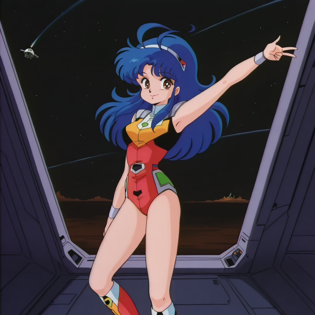 HDA_MasterpieceXL_v1.2, indoors, space ship, <lora:Lan__Kanata_-_Cream_Lemon_Star_Trap:1> STARTRAPLANIL, retro artstyle, 1girl, blue hair, long hair, hairband, brown eyes, red knee boots, red leotard, science fiction suit,  medium breasts, looking at viewer, raised arm, victory pose, smile, teeths,