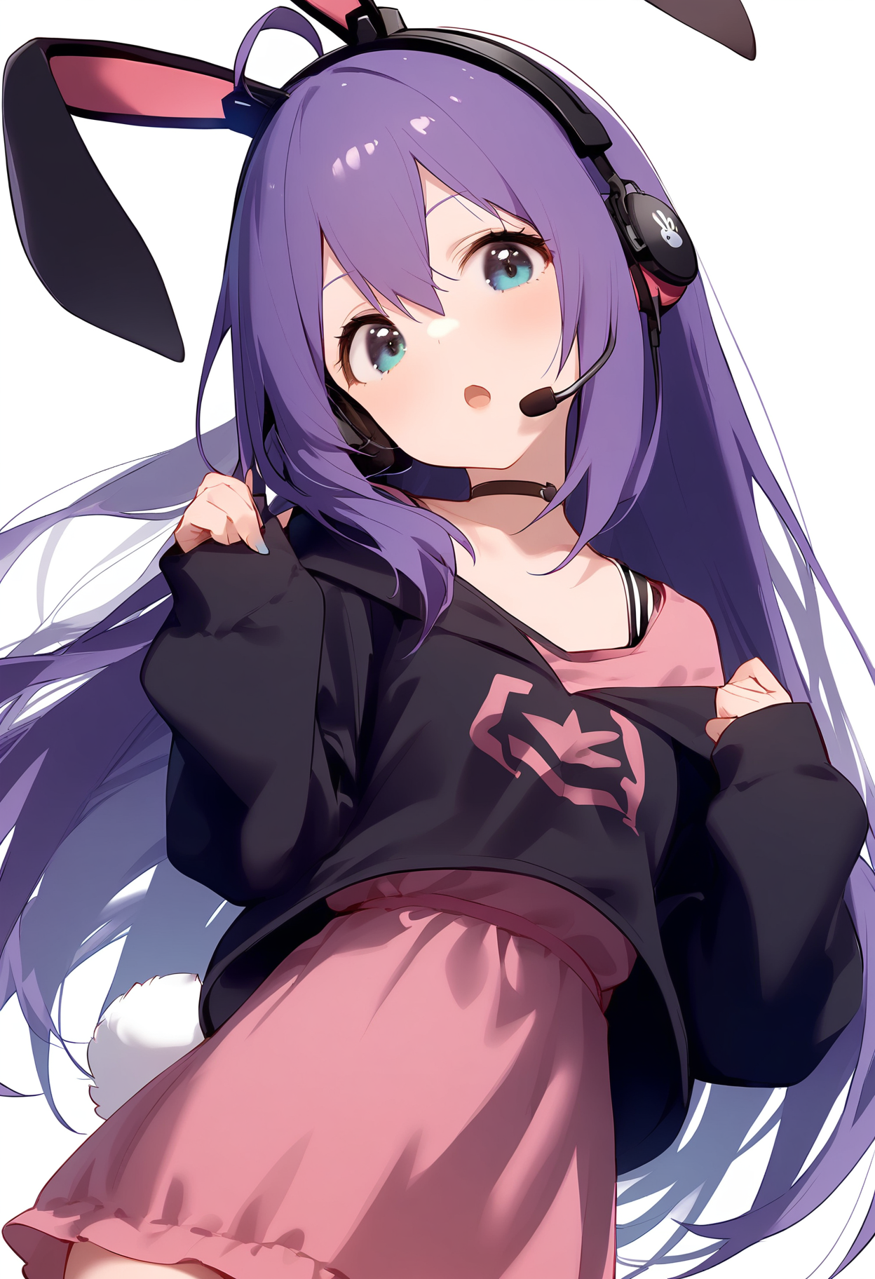 1girl,
mochizuki anna,


blush, long hair, head tilt, headset, open mouth, off shoulder, animal ears, blue eyes, ahoge, looking at viewer, solo, off-shoulder dress, dress, collarbone, tail, hood down, hoodie, black hoodie, simple background, hair between eyes, very long hair, white background, rabbit tail, long sleeves, purple hair, rabbit girl, sleeves past wrists, hood, puffy sleeves, puffy long sleeves, rabbit ears, pink dress,

sfw
<lora:a31_char_new_mochizuki_anna-000028:1> <lora:a31_style_koni-000010:0.8>