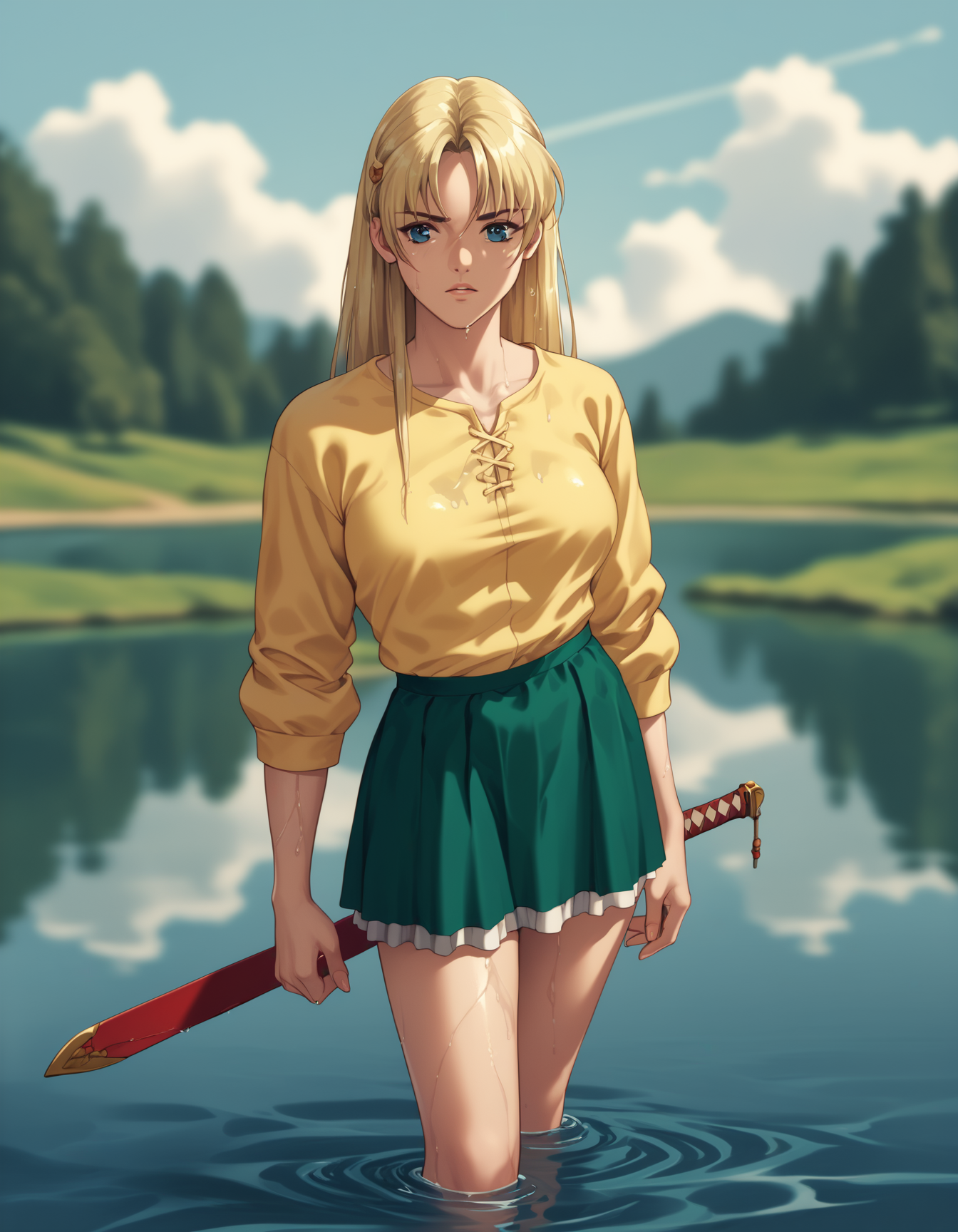 score_9,  score_8_up, score_7_up <lora:sharon-ponyxl-000011:1> wwsharon, green skirt, yellow shirt,
1girl, solo, sword, water, lake, wet