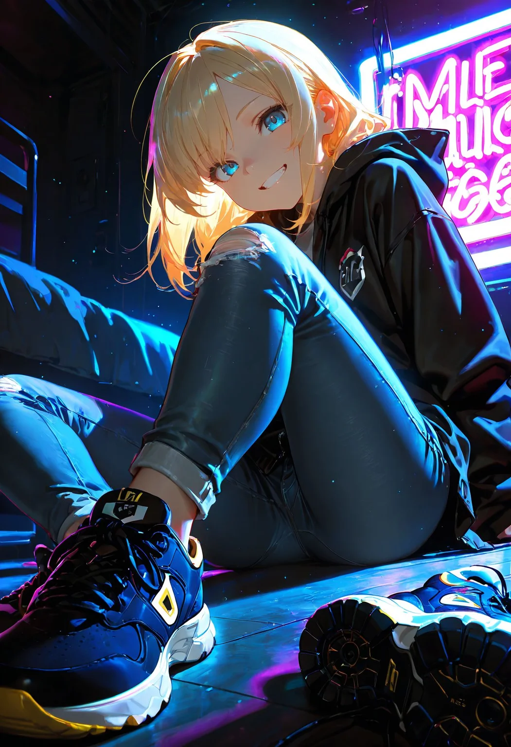 Smooth Quality, 1girl, blonde hair, blue eyes, blue jeans, black hooded jacket, sneakers, bedroom, on floor, neon lights, grin, (dark background:1.1) <lora:Smooth_Lighting_Enhancer:0.75> <lora:Smooth_Booster:0.75>​​​