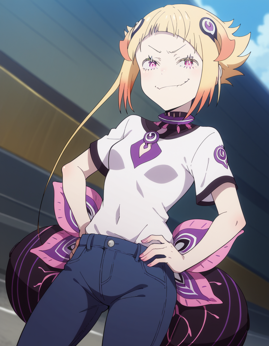 score_9, score_8_up, score_7_up, source_anime, <lora:capella-emerada-lugunica-s3-p1-ponyxl-lora-nochekaiser:1>, capella emerada lugunica, short hair, blonde hair, hair ornament, pink eyes, multicolored hair, gradient hair,, shirt, t-shirt, white shirt, pants, denim pants,, road, cars, asphalt, travel, speed, , smug, hands on own hip,, looking at viewer, solo,, dutch angle, cowboy shot