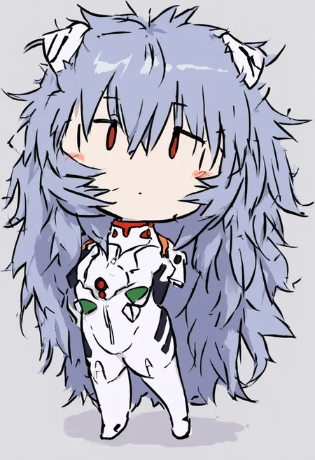 score_4,score_5,score_6,score_7_up,score_8_up,score_9 ((masterpiece,best quality,ultra detailed,highres,HD,4k:1.2)),
1 girl,solo,face focus,
chibi,full body,deformed,| |,
ayanami_rei,rei ayanami, blue hair, ((long hair, Messy Hair:1.2)),red eyes, head gear,
bodysuit, headgear, plugsuit, neon_genesis_evangelion, white bodysuit,
closed mouth,blush,Expressionless,