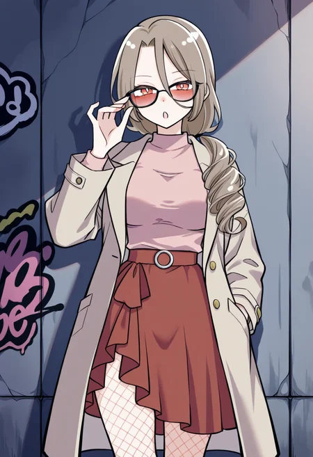 1girl, solo, shino sakisaki, mom, long hair, brown hair, hair between eyes, brown eyes, gradient eyes, red eyes, looking at viewer, low ponytail,
asymmetrical avant-garde coat with oversized buttons, flared half skirt, fishnet tights, medium shot, adjusting clunky sunglasses with one hand, standing in front of brutalist concrete wall, graffiti art behind, harsh side lighting, industrial vibes,
 <lora:Character_Shino Sakisaki Mom:1>