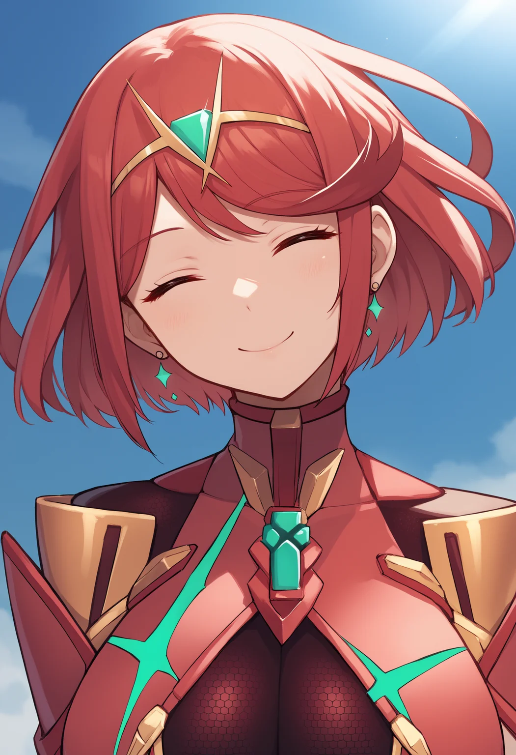 score_9, score_8_up, score_7_up, source_anime BREAK 1girl, solo, <lora:pyra-xb-richy-v1_pdxl:0.8> prdef, closed eyes, red hair, short hair, tiara, earrings, chest jewel, large breasts, impossible clothes, close-up, smile, head tilt
