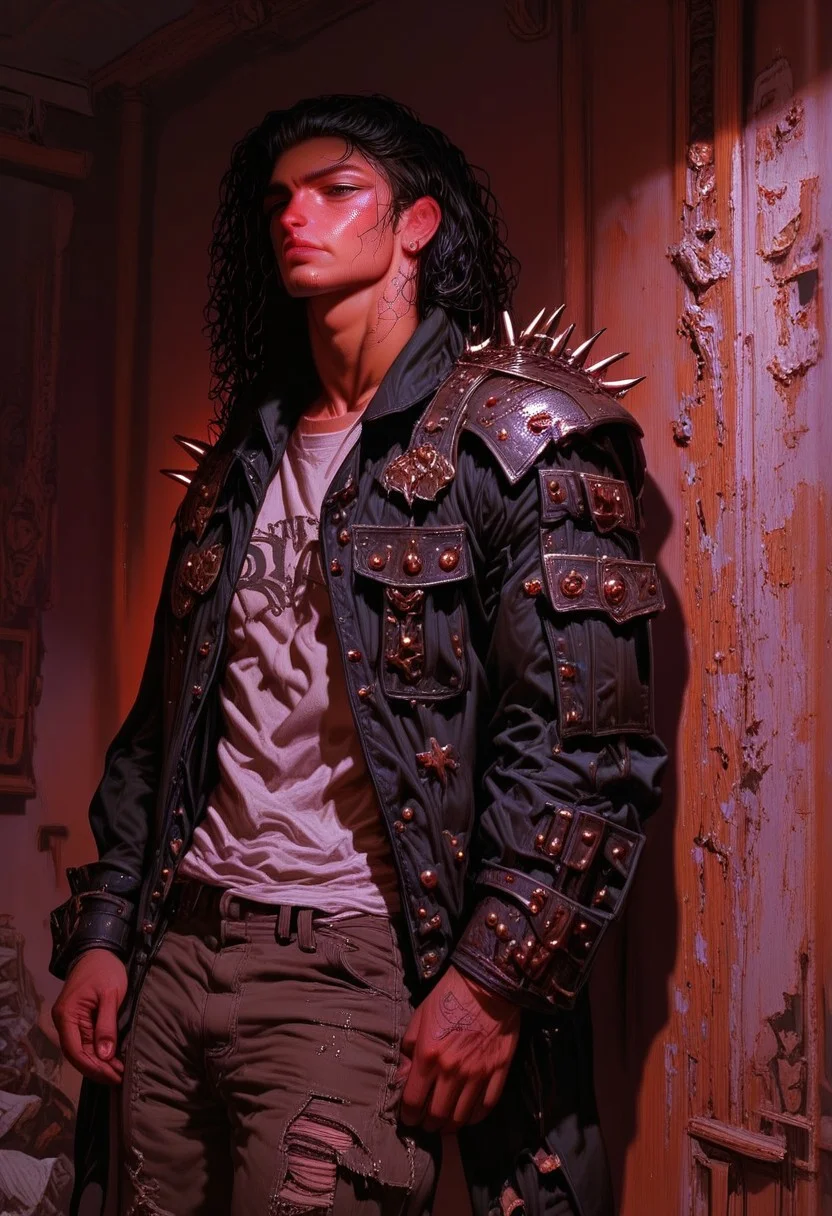 score_9, score_8_up, score_7_up, best quality, fine detail, digital painting, 1boy, solo, long curly wet black hair, muscular, black leather jacket with spikes, shoulder pad, handsome, standing, wearing ripped jeans, wrinkled clothing, worn out tattered clothing, relaxing, carefree, melancholy, very detailed background, gritty, purple background, chipped paint, dark blue lighting, deep shadows, vivid detail, perfect hands, interesting composition, 8K, UHD, goonguy, goonstyle