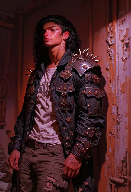 score_9, score_8_up, score_7_up, best quality, fine detail, digital painting, 1boy, solo, long curly wet black hair, muscular, black leather jacket with spikes, shoulder pad, handsome, standing, wearing ripped jeans, wrinkled clothing, worn out tattered clothing, relaxing, carefree, melancholy, very detailed background, gritty, purple background, chipped paint, dark blue lighting, deep shadows, vivid detail, perfect hands, interesting composition, 8K, UHD, goonguy, goonstyle