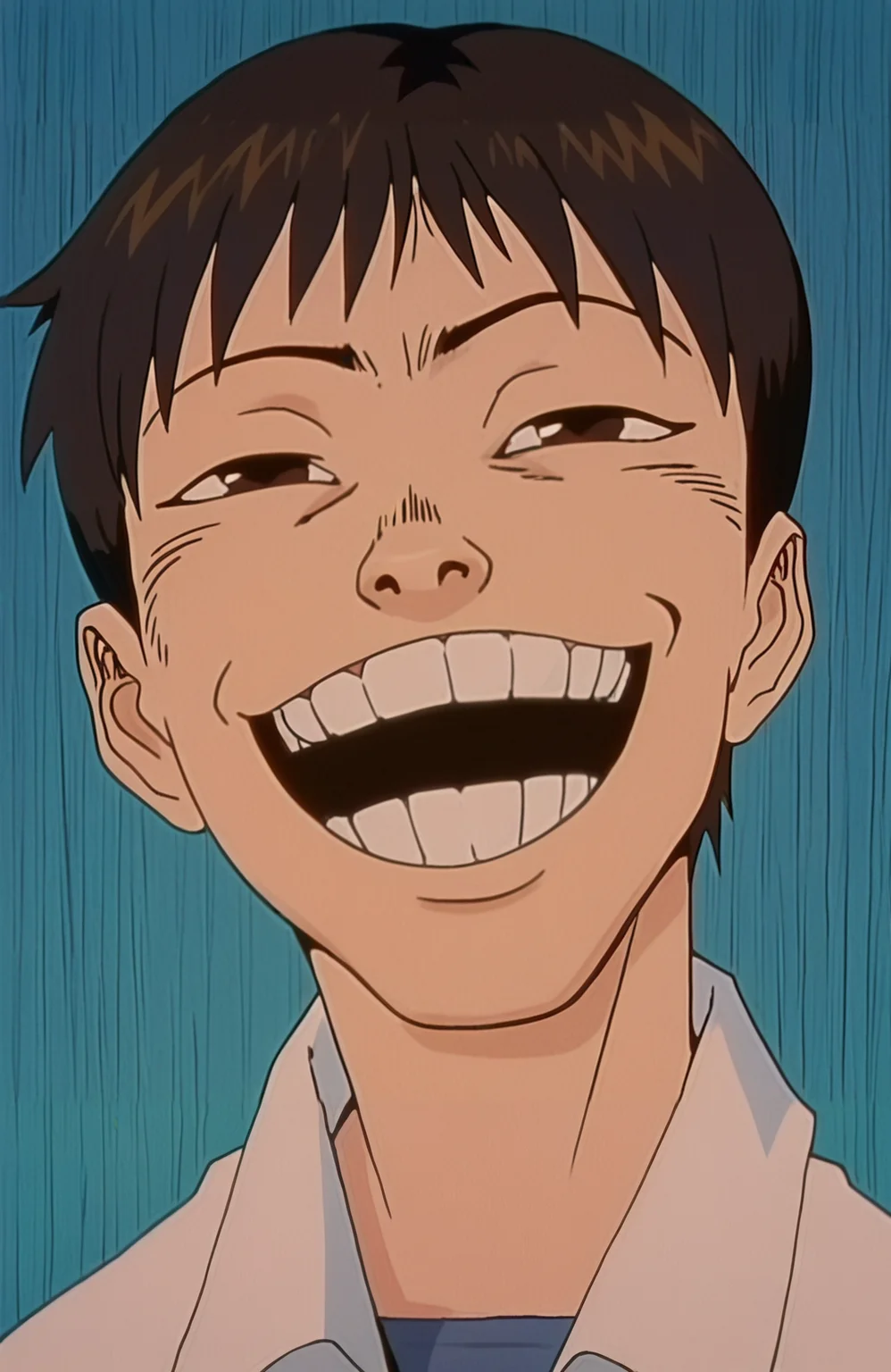 (artist: incase:0.4), good quality, best quality, highres, masterpiece, (traditional media, inked:0.6), anime screenshot, solo, portrait,
1boy, ikari shinji, upper body, neon genesis evangelion, idiot face, teeth, smile, open smile, smug, happy,
<lora:Great Teacher Onizuka NoobAI V-Pred-000080:0.75>