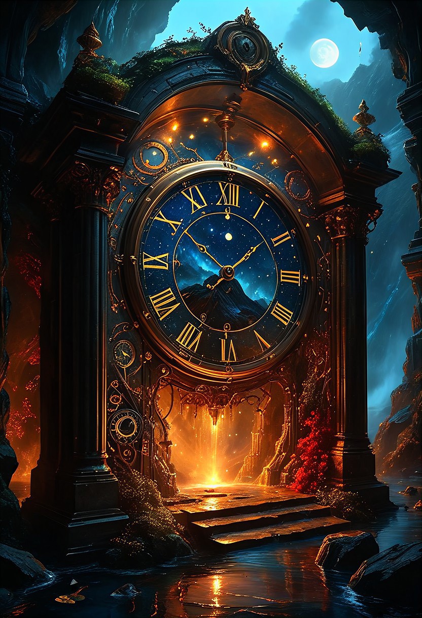 top- down, fantastical and surreal scene, closeup inside of an enormous ancient pocket_clock standing upright with its cover open revealing a magical portal, portal inside the clock, Through the portal is a breathtaking landscape unfolds, towering mountains, a cascading volcano, a steaming river winding through a burned forests, The edges of the pocket_clock are adorned with intricate glowing runes and vines, the clock resting on obsidian floor, mystical touch, illuminated by a crescent moon and twinkling stars, dreamlike and otherworldly atmosphere, sense of adventure and wonder, ((red-blue, artifact,
<lora:aidmaMTG-CardsXL-v0.1:1> ,mtg, mtg card)), view from above, 
(score_9, score_8_up:1.1), score_7_up, a fine color ink lineart sketch, (reflective volumetric), raytracing, absurdres, dark, low-key,