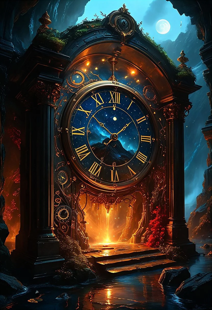top- down, fantastical and surreal scene, closeup inside of an enormous ancient pocket_clock standing upright with its cover open revealing a magical portal, portal inside the clock, Through the portal is a breathtaking landscape unfolds, towering mountains, a cascading volcano, a steaming river winding through a burned forests, The edges of the pocket_clock are adorned with intricate glowing runes and vines, the clock resting on obsidian floor, mystical touch, illuminated by a crescent moon and twinkling stars, dreamlike and otherworldly atmosphere, sense of adventure and wonder, ((red-blue, artifact,
<lora:aidmaMTG-CardsXL-v0.1:1> ,mtg, mtg card)), view from above, 
(score_9, score_8_up:1.1), score_7_up, a fine color ink lineart sketch, (reflective volumetric), raytracing, absurdres, dark, low-key,