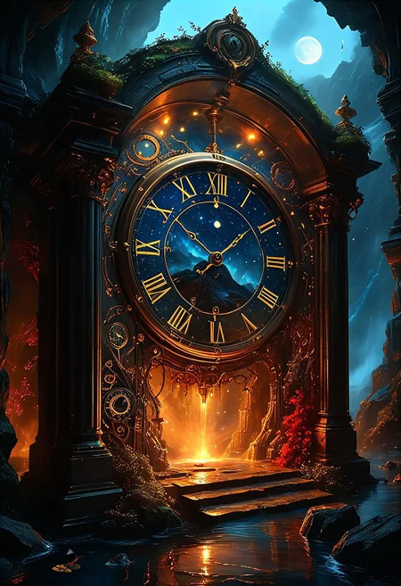 top- down, fantastical and surreal scene, closeup inside of an enormous ancient pocket_clock standing upright with its cover open revealing a magical portal, portal inside the clock, Through the portal is a breathtaking landscape unfolds, towering mountains, a cascading volcano, a steaming river winding through a burned forests, The edges of the pocket_clock are adorned with intricate glowing runes and vines, the clock resting on obsidian floor, mystical touch, illuminated by a crescent moon and twinkling stars, dreamlike and otherworldly atmosphere, sense of adventure and wonder, ((red-blue, artifact,
<lora:aidmaMTG-CardsXL-v0.1:1> ,mtg, mtg card)), view from above, 
(score_9, score_8_up:1.1), score_7_up, a fine color ink lineart sketch, (reflective volumetric), raytracing, absurdres, dark, low-key,