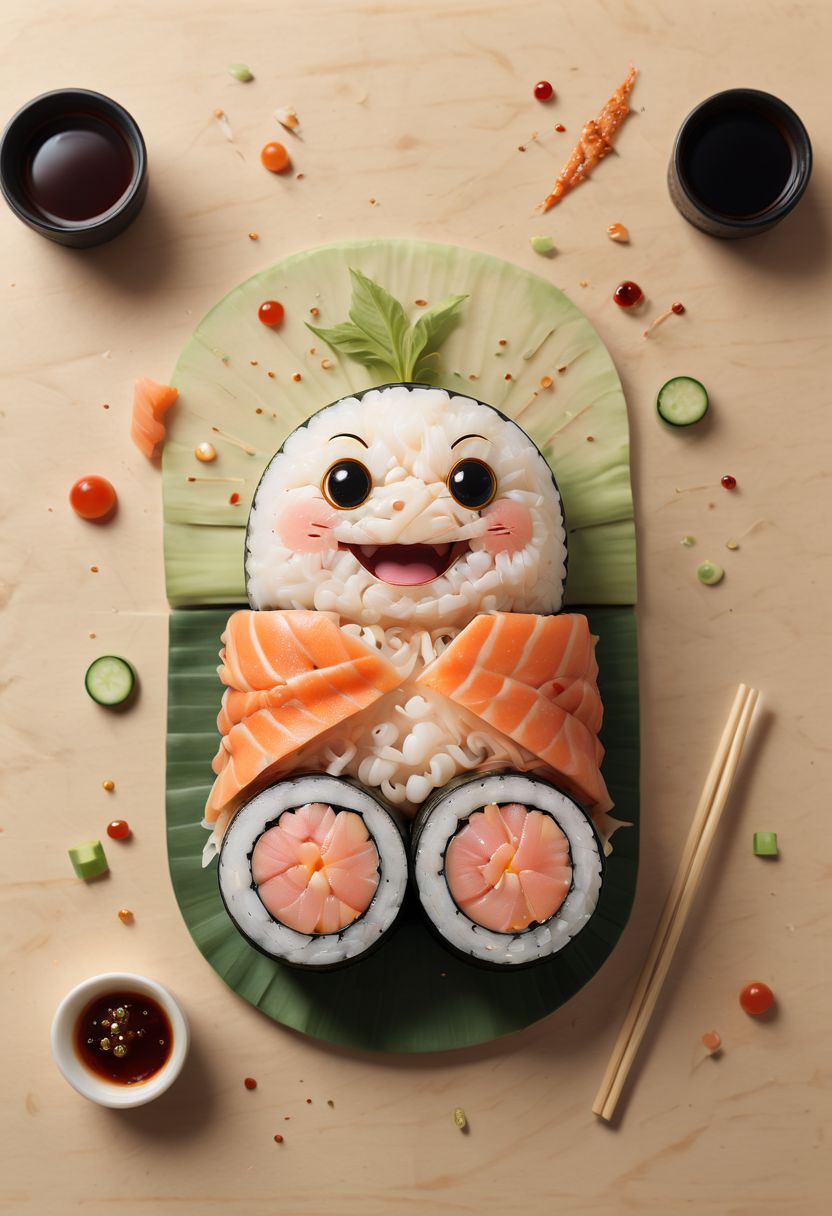 A cute, happy sushi roll, surreal