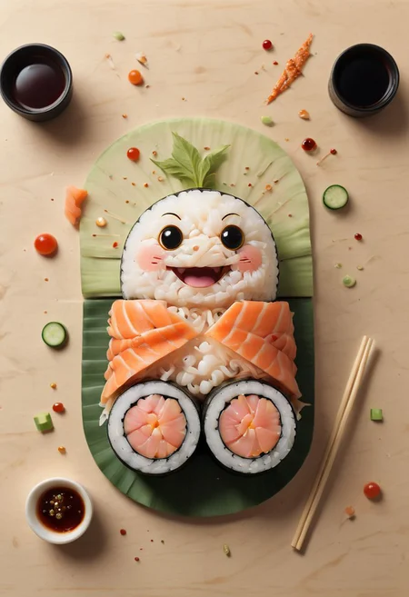 A cute, happy sushi roll, surreal
