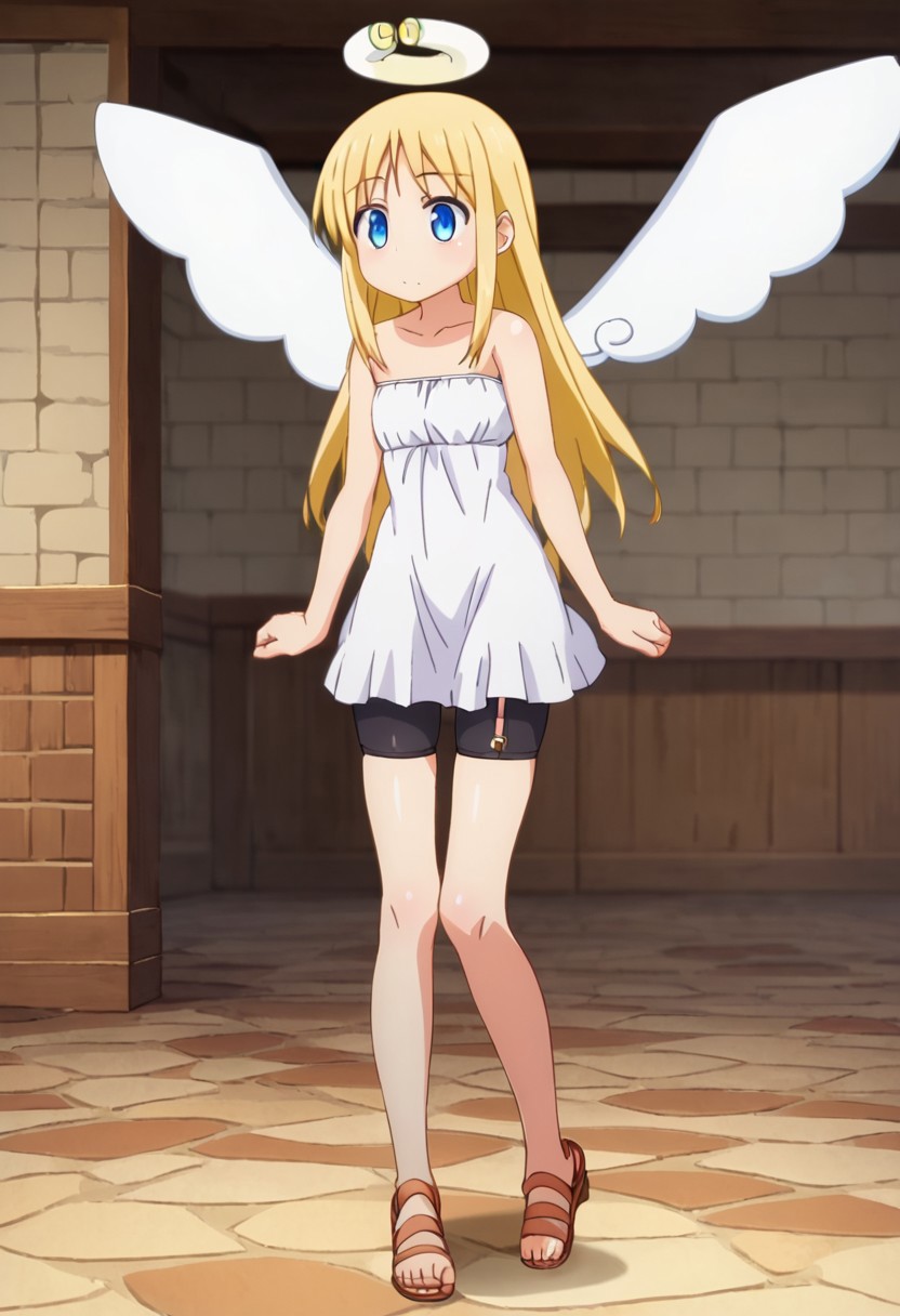 crimvael \(interspecies reviewers\),, blue eyes,blonde hair,long hair,angel,halo,wings,white dress,strapless,bare shoulders,bike shorts,sandals , thighhighs, indoors , standing ,  score_9, score_8_up, score_7_up, ,source_anime, best quality, masterpiece,   , full body view ,   garter straps, collarbone ,  1girl , solo , girl focus ,