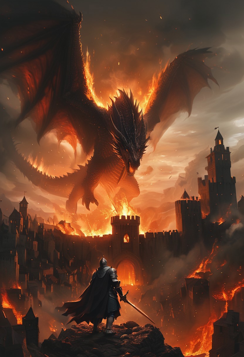 In this mesmerizing illustration of a dark fantasy scene, a massive dragon spreads its wings wide, unleashing fiery destruction upon a medieval kingdom. Flames consume the castle walls and towers, casting an eerie glow over the village below. Amidst the chaos, a valiant knight stands boldly at the forefront, clad in powerful, glowing armor and wielding an enchanted sword that radiates with energy. His cape flutters dramatically, and his unwavering stance conveys the determination to protect his realm. The background showcases burning structures, villagers fleeing in terror, and dark, smoke-filled skies. The low-angle, wide-angle shot captures the epic scale of the battle and the knight's powerful aura, making it a truly cinematic experience., Bosstyle<lora:CyberRealistic_Negative-neg:1>  <lora:detailed_notrigger:1>  <lora:XL_boss_battle:1>