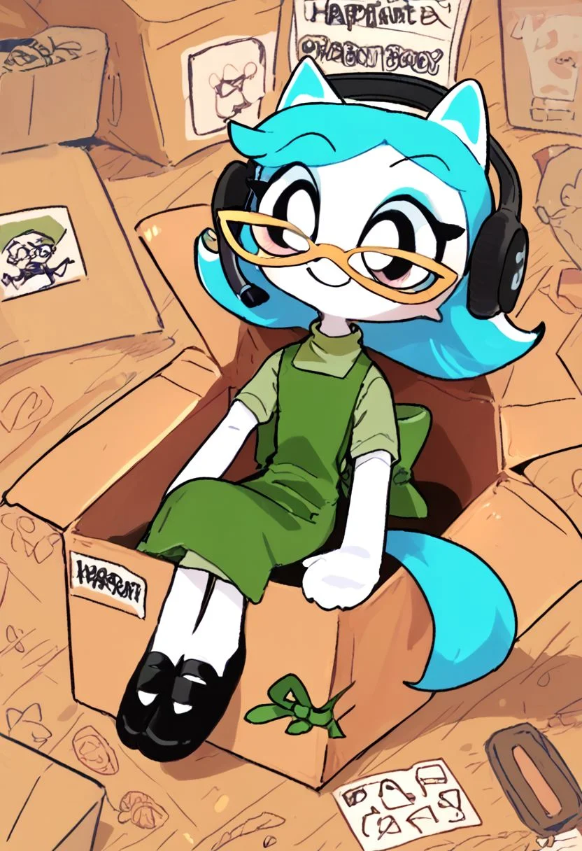 score_9, score_8_up, score_8_up, sitting, Karen, powerpuff, cardboard box, white fur, white hair, blue hair, in container, happy, tail, green sweater, apron, yellow glasses, headphones, ribbon, insidebox, in box
