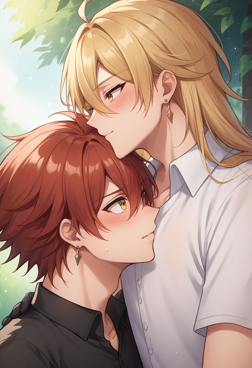 score_9, score_8_up, source_anime, highly detailed, 
kissing forehead, 2boys, blonde hair, multiple boys, male focus, red hair, long hair, yellow eyes, earrings, blush, bangs, hair between eyes, black gloves, yaoi, shirt, 
outdoor,