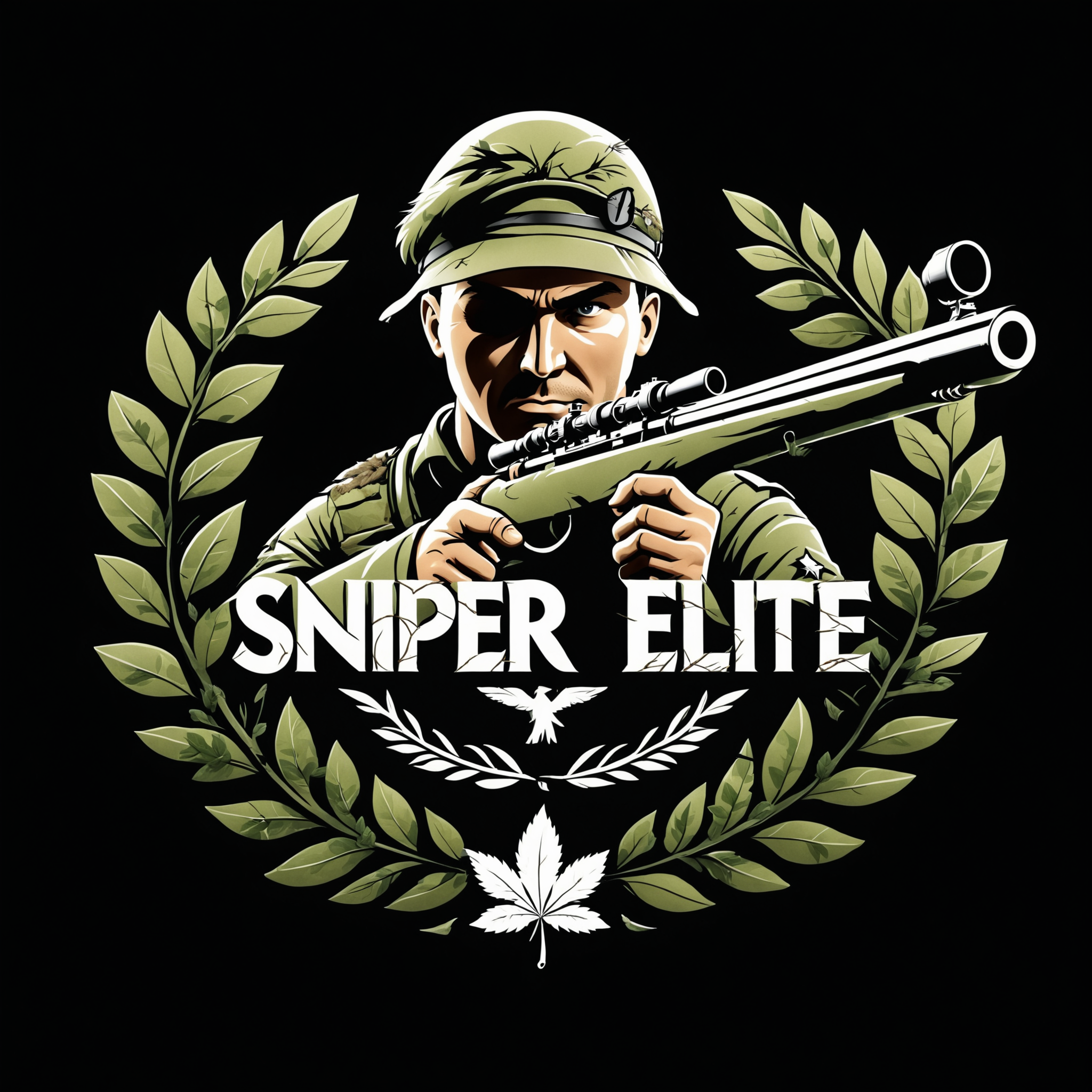 ("Sniper Elite" text logo:1.2),  an army sniper camouflaged by forest leaves, game logo, ghillie suite, medal, black background <lora:dvr-ftl:0.8>