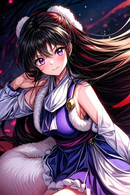 masterpiece,  best quality 1girl Setsun4 solo long hair,  (night time) forest background black hair very long hair purple eyes multicolored hair armor (fur trim) (medium body),<lora:EMS-179-EMS:0.800000>,<lora:EMS-293862-EMS:0.800000> bow, hair_bow, hair_tubes, red_bow, brown_hair, long_hair, bangs, ascot, frilled_bow, yellow_ascot, blush, smile, hair_between_eyes, athletic