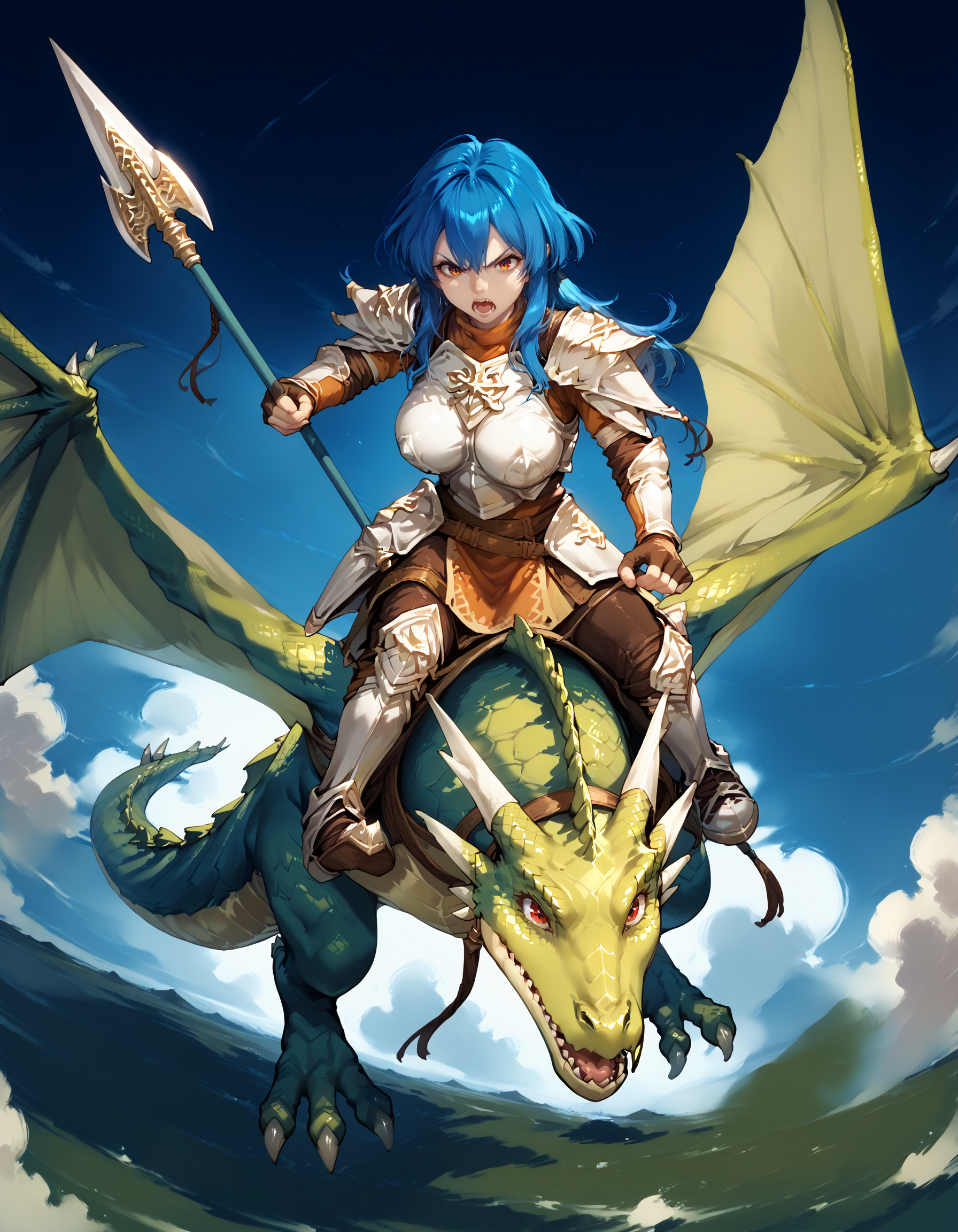 zPDXL3,<lora:Pony_DetailV2.0:1>,sky BREAK 1girl,1other,large breasts,
BREAK wyvern rider,dragon riding,dragon wings,knight,green dragon,polearm,holding polearm,holding weapon,flying,breastplate,fighting stance,serious,screaming,glaring,charging forward,from above,<lora:wyvern rider-pony-v31:0.9>,