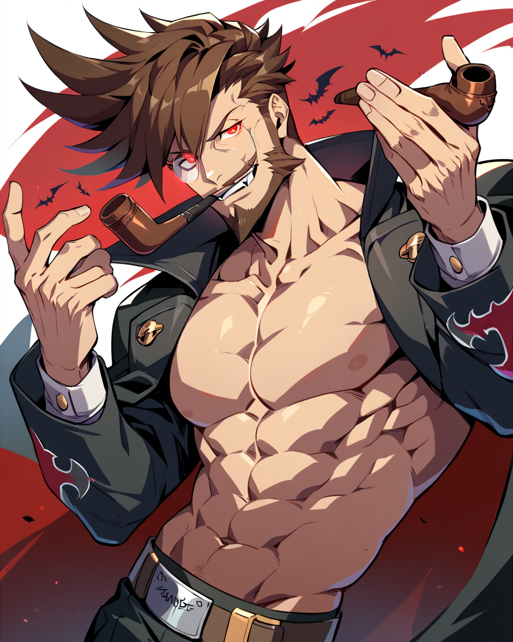 1boy, male focus, Slayer, guilty gear, score_9, score_8_up, score_7_up, score_6_up,  <lora:Slayer_from_Guilty_Gear:0.7>, solo, brown hair, smoking pipe, monocle, facial hair, mature male, vampire, smirk, looking at viewer, toned, athletic, fit, fang, pipe, short hair, slicked to the side hair, mustache, male focus, best quality, amazing quality, best aesthetic, absurdres, smirk, evil smile, red eyes, glowing eyes, seductive, dandy, <lora:aesthetic_anime_v1s:0.4>, <lora:xl_more_art-full_v1:0.5> <lora:EpicF4nta5yXL:0.5>, (exuding malevolence), (bare chest, pecs), swimwear,